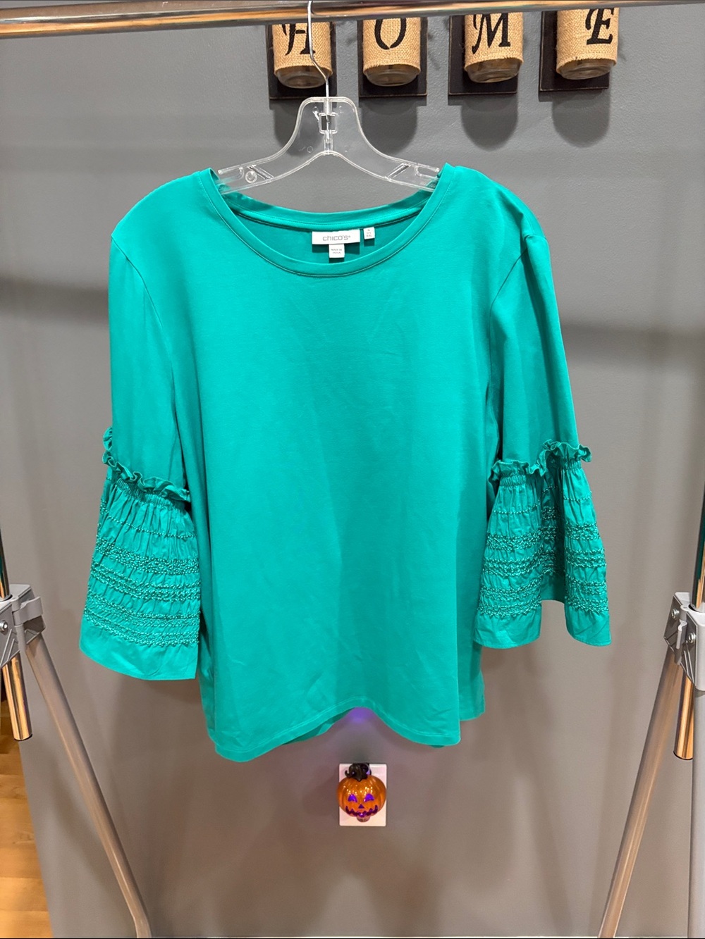 Chico's Teal Smocked Bell Sleeve Long Sleeve Top